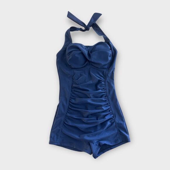 Vintage Inspired Halter One Piece Swimsuit Blue Ruched Retro Style Size M - Picture 1 of 7